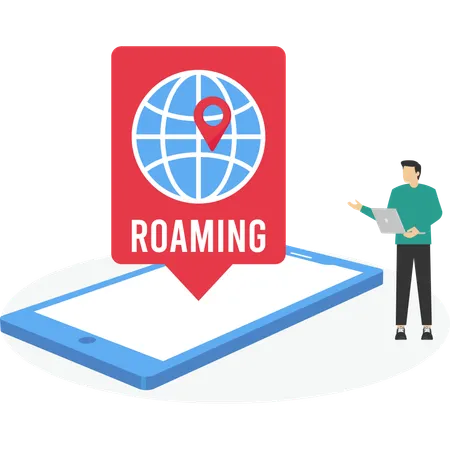 Empresário em pé perto de um grande smartphone com roaming  Ilustração