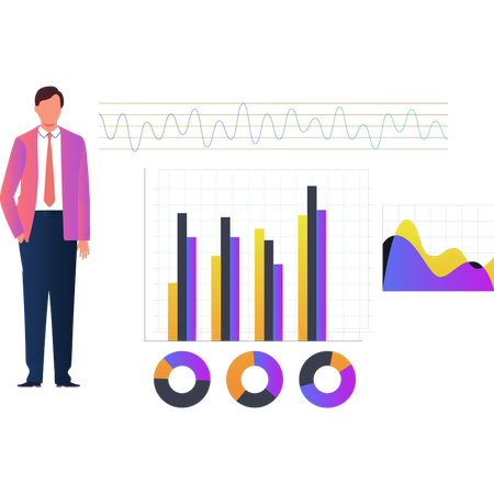 Empresário em pé perto do gráfico de barras  Ilustração