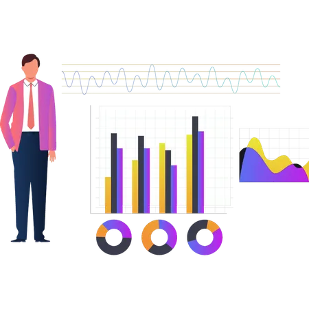 Empresário em pé perto do gráfico de barras  Ilustração