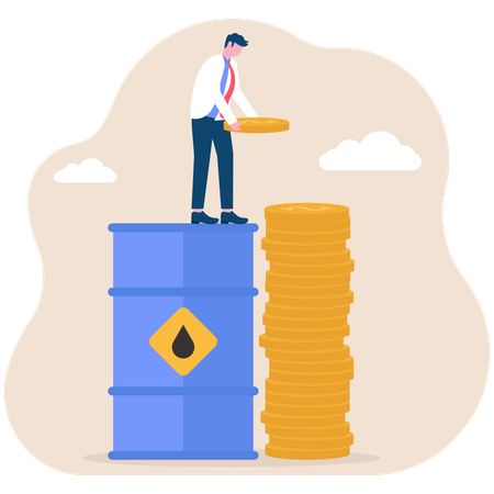 Empresário em pé sobre barril de petróleo enquanto faz gráfico de crescimento de moeda de dinheiro  Illustration