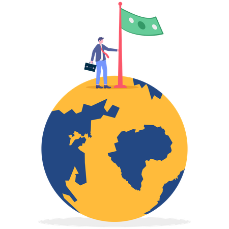 Empresário em pé no globo com bandeira de dinheiro  Ilustração