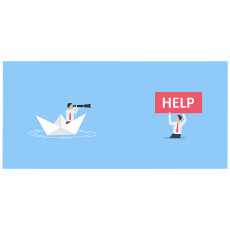 Empresário em um barco de papel vai ajudar outro empresário com placa de ajuda em uma ilha  Ilustração