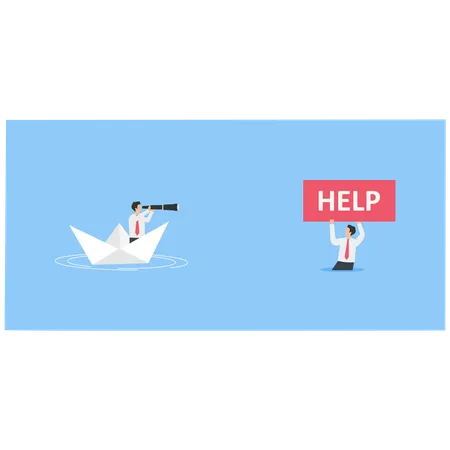 Empresário em um barco de papel vai ajudar outro empresário com placa de ajuda em uma ilha  Ilustração