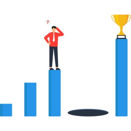 Empresário em um gráfico de barras com um troféu de sucesso e conquista  Ilustração