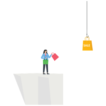 Empresário em um penhasco olhando uma sacola de compras  Ilustração