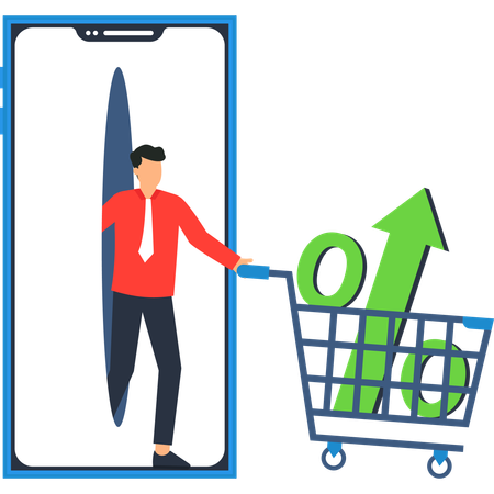 Empresário saindo do celular com carrinho de compras e sinal de porcentagem de crescimento financeiro  Illustration