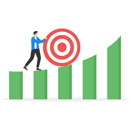 Hombre de negocios empujando el objetivo hacia la parte superior del gráfico de barras  Ilustración