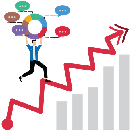 Empresario empujando el gráfico circular del informe hacia arriba en un gráfico ascendente  Ilustración