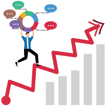 Empresario empujando el gráfico circular del informe hacia arriba en un gráfico ascendente  Ilustración