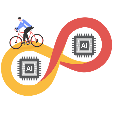 Hombre de negocios montando en bicicleta en el símbolo del infinito de IA  Ilustración