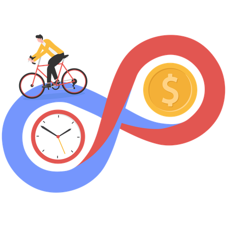 Hombre de negocios viajando en bicicleta entre el dinero y el tiempo, signo de infinito.  Ilustración