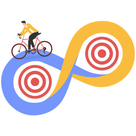 Hombre de negocios montando en bicicleta entre el objetivo comercial y el símbolo del infinito  Ilustración
