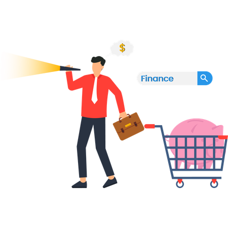 Hombre de negocios en busca del éxito financiero con una alcancía en el carrito de compras  Ilustración