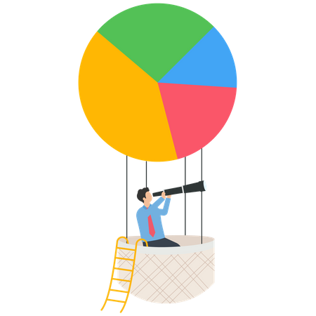Empresario en globo de gráfico circular para plan de negocios  Ilustración