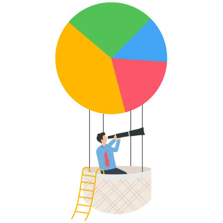 Empresario en globo de gráfico circular para plan de negocios  Ilustración