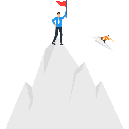 Hombre de negocios en la cima de una montaña con bandera  Ilustración