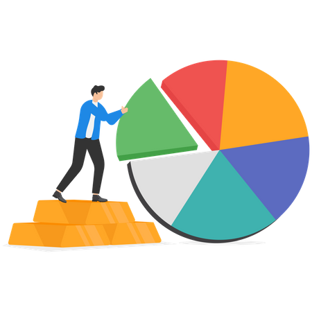 El empresario en la escalera organiza un gráfico circular como reequilibrio de la cartera de inversiones para que sea adecuado para el riesgo y el rendimiento  Ilustración