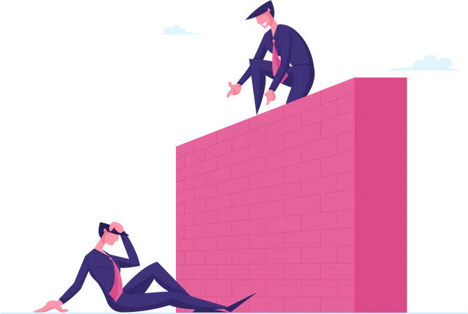 Empresario en la cima de una pared alta dándole la mano a un colega sentado debajo  Ilustración