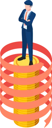 Hombre De Negocios Isometrico 3 D Plano Parado Sobre Una Pila De Monedas Con Una Flecha De Crecimiento En Espiral Concepto De Liderazgo Y Exito Empresarial Ilustración