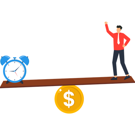 Hombre de negocios en un sube y baja con despertador y signo de dólar  Ilustración