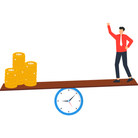 Hombre de negocios en un sube y baja con monedas y un reloj Planificación financiera  Ilustración