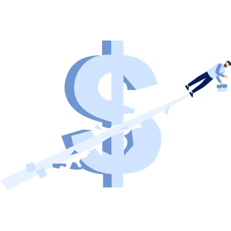 Hombre de negocios en una flecha con signo de dólar y crecimiento financiero  Ilustración