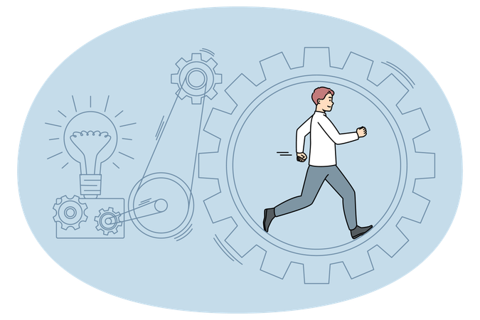 Hombre de negocios corriendo en rueda dentada generando ideas de negocio creativas  Ilustración