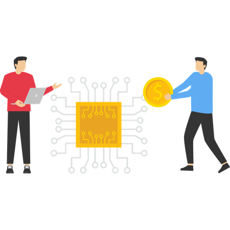 Empresario dando una moneda de dólar a cambio de un microchip  Ilustración