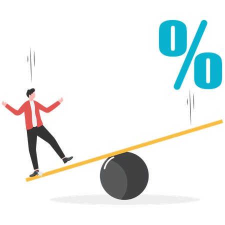 Empresário equilibrando-se com gangorra para fazer o sinal de porcentagem saltar  Ilustração