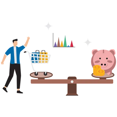 Empresario equilibrando compras y ahorro  Ilustración