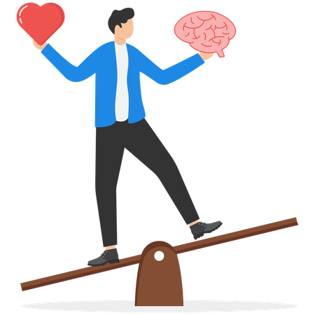 Hombre de negocios equilibrando corazón y cerebro  Ilustración
