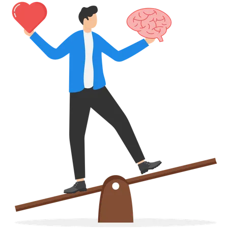 Hombre de negocios equilibrando corazón y cerebro  Ilustración