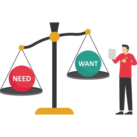Empresário equilibrando entre necessidade e desejo  Ilustração