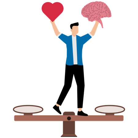 Empresario equilibrando entre cerebro y corazón a escala  Ilustración