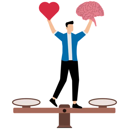 Empresario equilibrando entre cerebro y corazón a escala  Ilustración