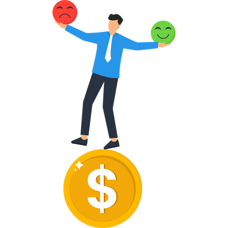Empresario equilibrando emociones en una moneda de dólar  Ilustración