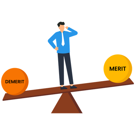 El empresario equilibra la báscula con méritos y deméritos.  Ilustración