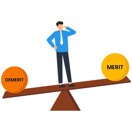 El empresario equilibra la báscula con méritos y deméritos.  Ilustración