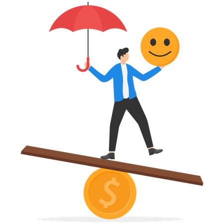 Equilibrio del empresario entre dinero y felicidad.  Ilustración