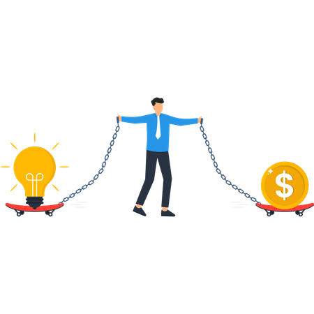 Empresário equilibrando ideia e lucro  Ilustração