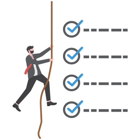 Cuerda de hombre de negocios subiendo en la finalización de la lista de verificación de trabajo  Ilustración