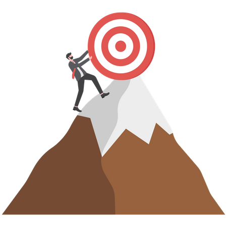 Empresário subindo montanha no topo do objetivo alvo de sucesso  Ilustração