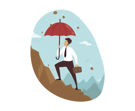 Empresário subindo na montanha com guarda-chuva  Ilustração