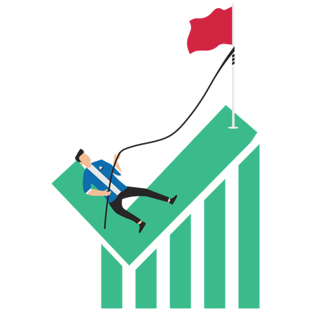 Hombre de negocios escalando una señal de verificación para alcanzar la bandera en la cima  Ilustración