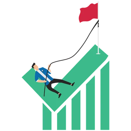 Hombre de negocios escalando una señal de verificación para alcanzar la bandera en la cima  Ilustración