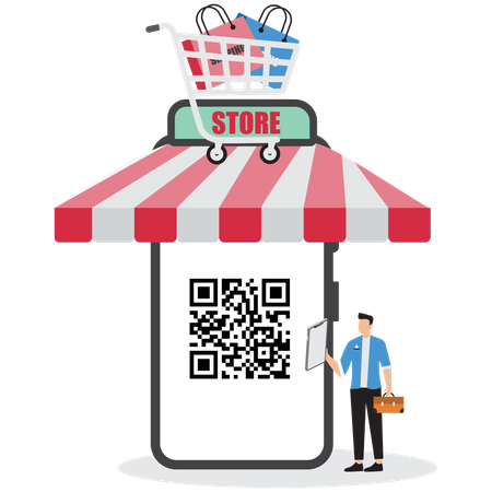 Hombre de negocios escaneando un código QR para realizar compras  Ilustración