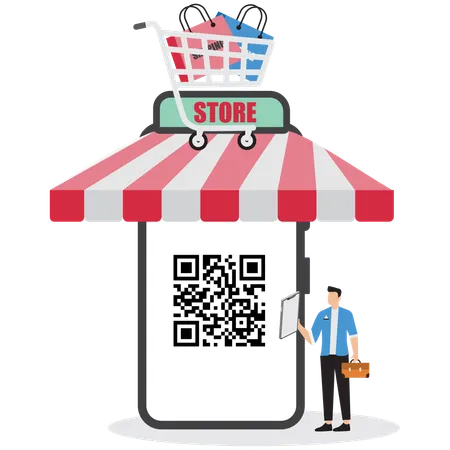 Hombre de negocios escaneando un código QR para realizar compras  Ilustración