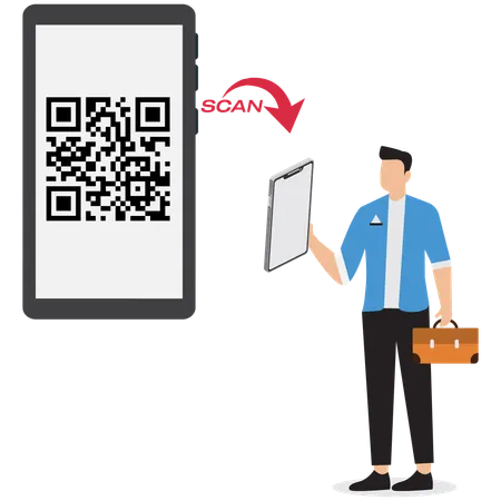 Empresário escaneando código QR no celular  Ilustração