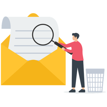 Empresario escanea el correo electrónico con lupa y tira el correo basura a la papelera  Ilustración