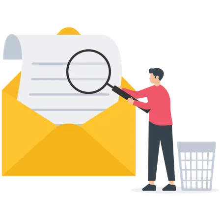 Empresario escanea el correo electrónico con lupa y tira el correo basura a la papelera  Ilustración